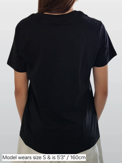 Woman wearing classic black t-shirt NZ
